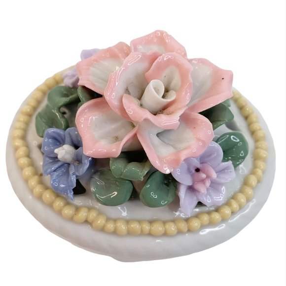 Vintage Trinket Box Applied Rose Flowers Reticulated Lattice Basket Jewelry Ring - Picture 2 of 10